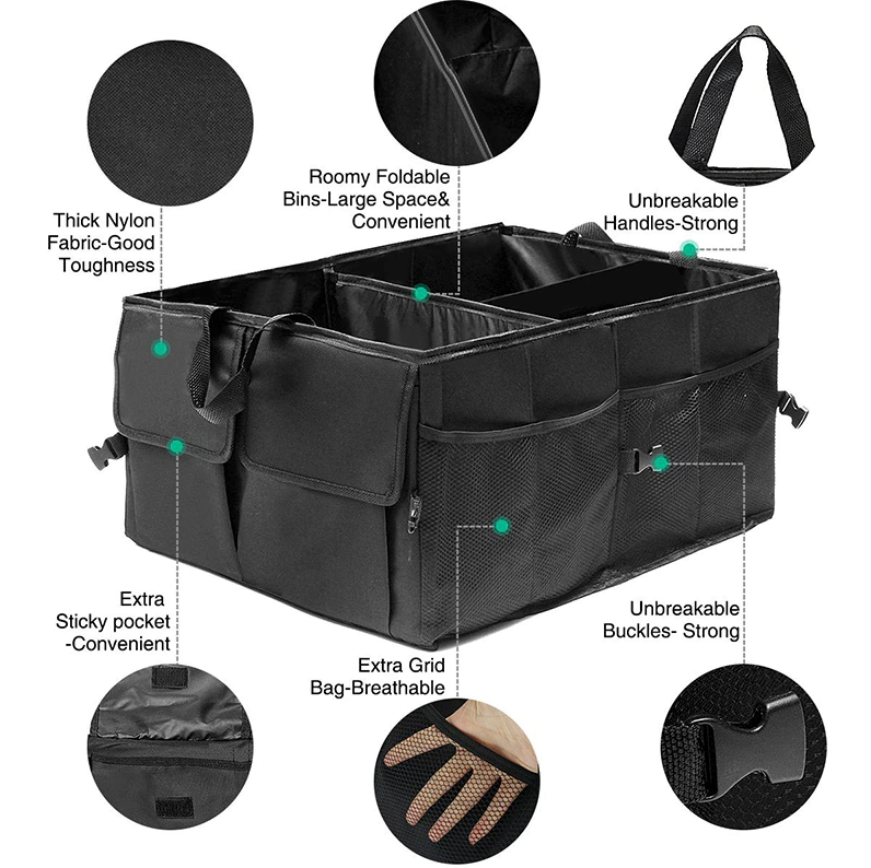 Trunk Cargo Organizer Folding Storage Bin for Car, Truck, and SUV, featuring multiple compartments and a durable design.