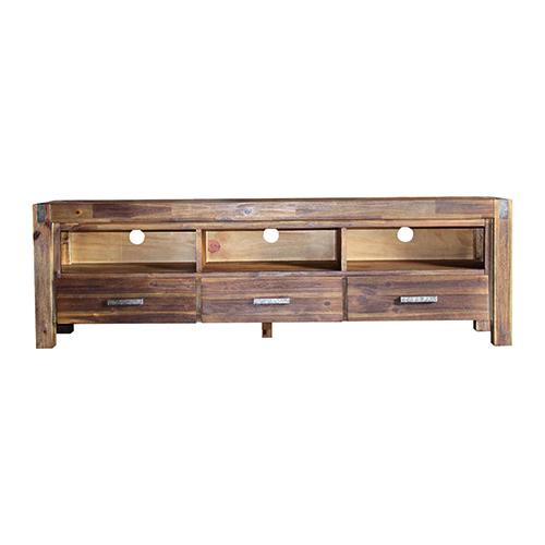 Nowra TV Cabinet featuring solid acacia wooden frame, three storage drawers, and rustic metal accents, ideal for modern living rooms.