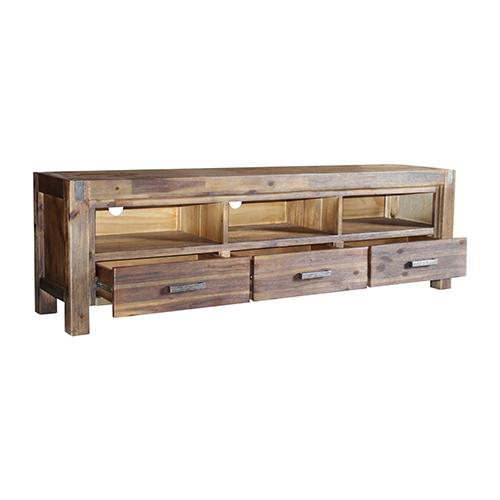 Nowra TV Cabinet featuring solid acacia wooden frame, three storage drawers, and rustic metal accents, ideal for modern living rooms.