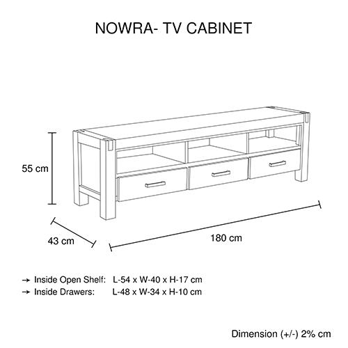 Nowra TV Cabinet featuring solid acacia wooden frame, three storage drawers, and rustic metal accents, ideal for modern living rooms.