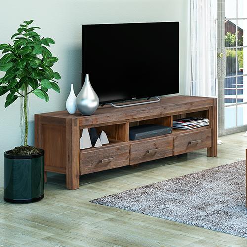 Nowra TV Cabinet featuring solid acacia wooden frame, three storage drawers, and rustic metal accents, ideal for modern living rooms.