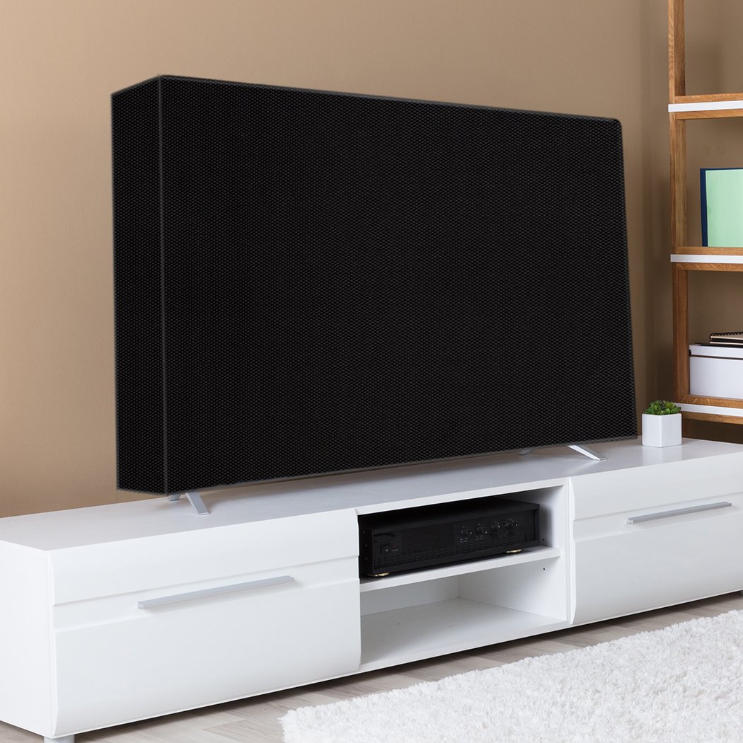 Durable black TV cover for 55-58 inch outdoor televisions, featuring hook and loop straps and a remote control storage pocket.