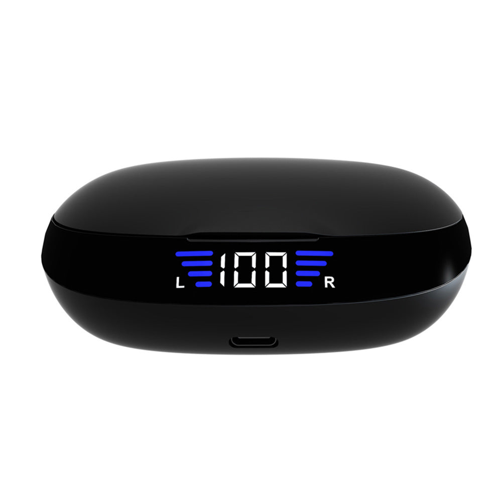 TWS True Wireless Bluetooth Headset 5.0 with digital display and charging bin, showcasing sleek design and compact size.