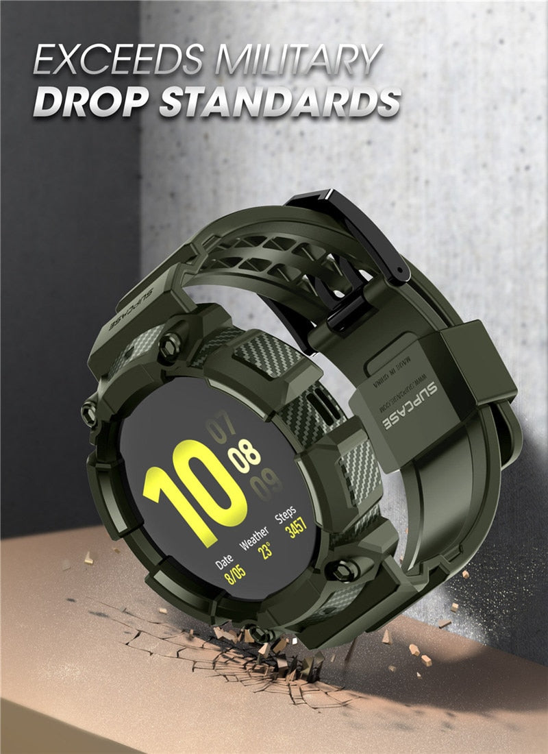 UB Pro Case for Samsung Galaxy Watch Active 2 in black and green, showcasing rugged design and durable materials.