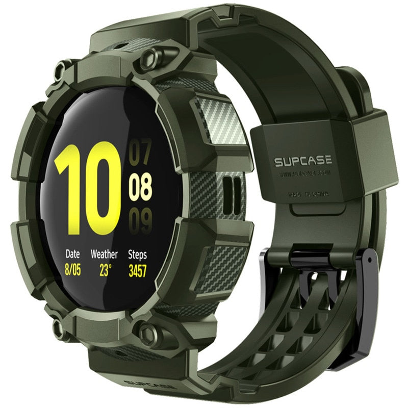 UB Pro Case for Samsung Galaxy Watch Active 2 in black and green, showcasing rugged design and durable materials.