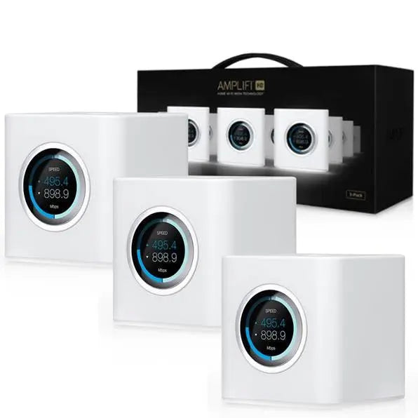 UBIQUITI AFi-HD Router Mesh Bundle featuring three sleek routers with smart LCD screens and multiple Ethernet ports.