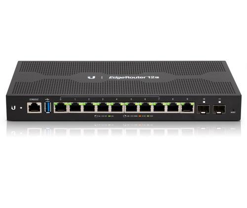 UBIQUITI EdgeRouter 12P, a 10-port gigabit router with 2 SFP ports and PoE capabilities, designed for high-performance networking.