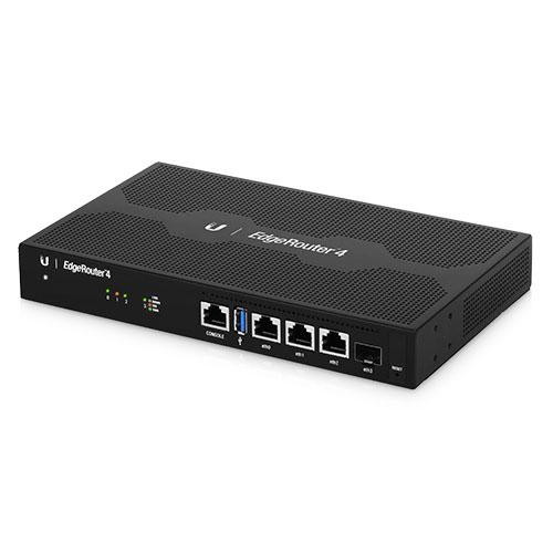 UBIQUITI EdgeRouter 4 featuring 3 Gigabit Ethernet ports and 1 SFP port, designed for high-performance networking.
