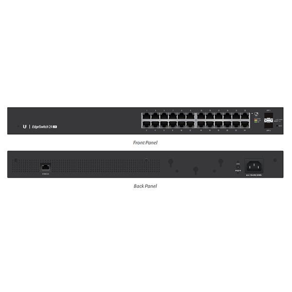 UBIQUITI EdgeSwitch 24 managed gigabit switch with 24 RJ45 ports and 2 SFP ports, designed for advanced network performance.