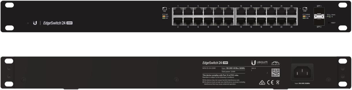 UBIQUITI EdgeSwitch 24, a 24-port managed PoE+ gigabit switch with 2 SFP ports, showcasing its robust design and connectivity options.