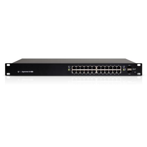 UBIQUITI EdgeSwitch 24 - 24-Port Managed PoE+ Gigabit Switch with 2 SFP ports, showcasing its sleek design and multiple ports.