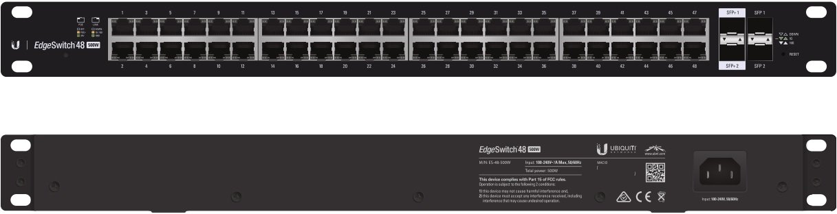UBIQUITI EdgeSwitch 48, a 48-port managed PoE+ gigabit switch with SFP ports, designed for high-performance networking.