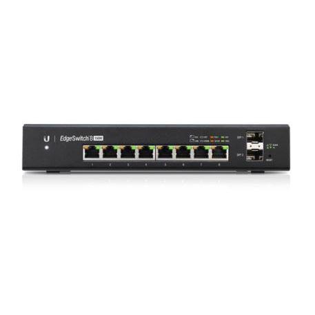 Ubiquiti EdgeSwitch 8 Port Managed Gigabit PoE Switch with SFP slots, showcasing its ports and design.