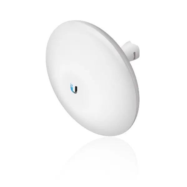 UBIQUITI NanoBeam 2AC 13dBi antenna with sleek design, showcasing its compact size and mounting bracket.