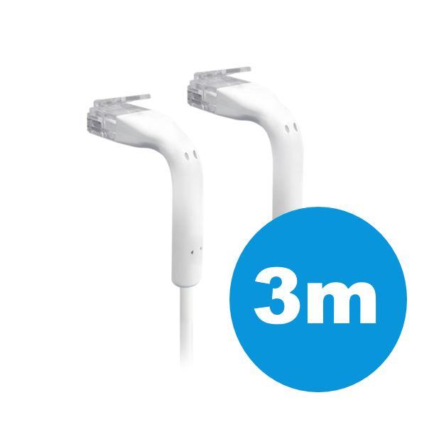 UBIQUITI 3m bendable RJ45 patch cable in white, showcasing ultra-thin design and flexible connectors.