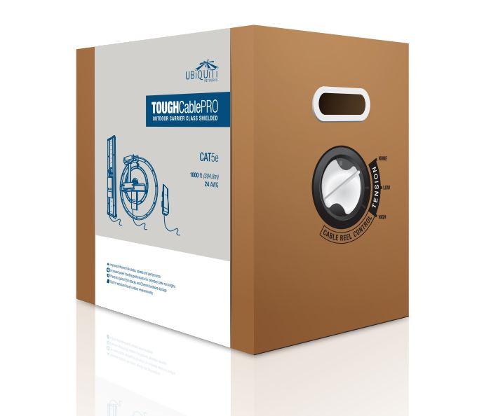 Ubiquiti TOUGHCABLE TC-Pro Outdoor Shielded Ethernet Cable in a 305m box, designed for extreme weather conditions.