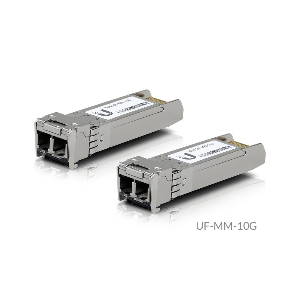 Ubiquiti UF-MM-10G Multi-Mode Fibre SFP Module pack of 2, featuring LC connectors and specifications for high-speed networking.
