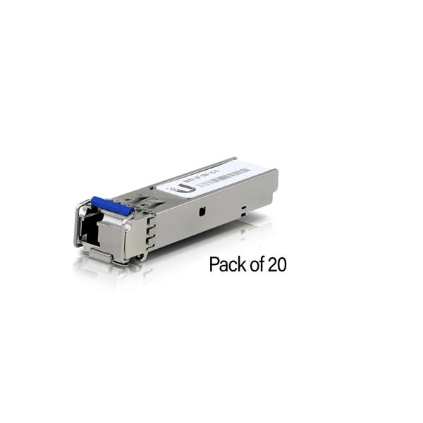 Ubiquiti UF-SM-1G-S Single Mode Fibre SFP Module pack of 20, featuring LC connectors and specifications for high-speed networking.