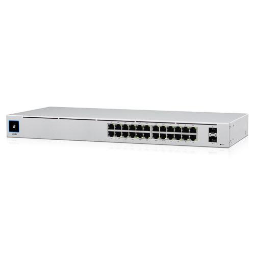 UBIQUITI UniFi 24 port Managed Gigabit Switch with 16 PoE+ ports and 2 SFP ports, showcasing its compact design and user interface.