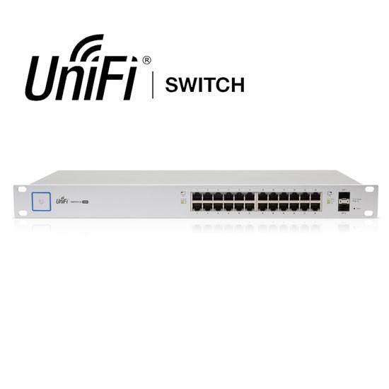 UBIQUITI UniFi 24-port Managed PoE+ Gigabit Switch with SFP, showcasing its ports and design for efficient network management.