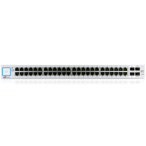 UBIQUITI UniFi 48-port Managed Gigabit Switch with SFP+ showcasing its multiple ports and robust design.