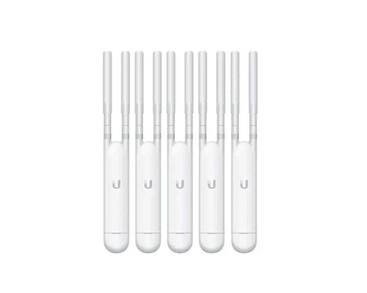 UBIQUITI UniFi AP AC Outdoor Mesh access points in a 5-pack, showcasing dual-omni antennas for enhanced outdoor Wi-Fi coverage.