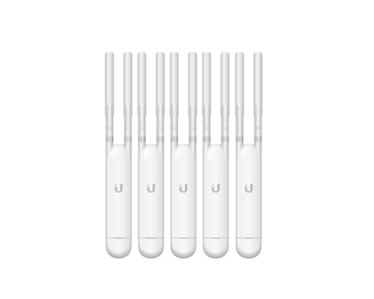 UBIQUITI UniFi AP AC Outdoor Mesh access points in a 5-pack, showcasing dual-omni antennas for enhanced outdoor Wi-Fi coverage.