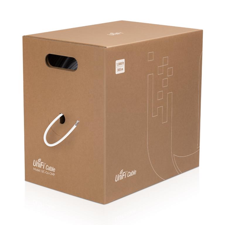 UBIQUITI UniFi Cable Cat6 CMP, 1000' length, showcasing its plenum-rated design and solid copper conductors.