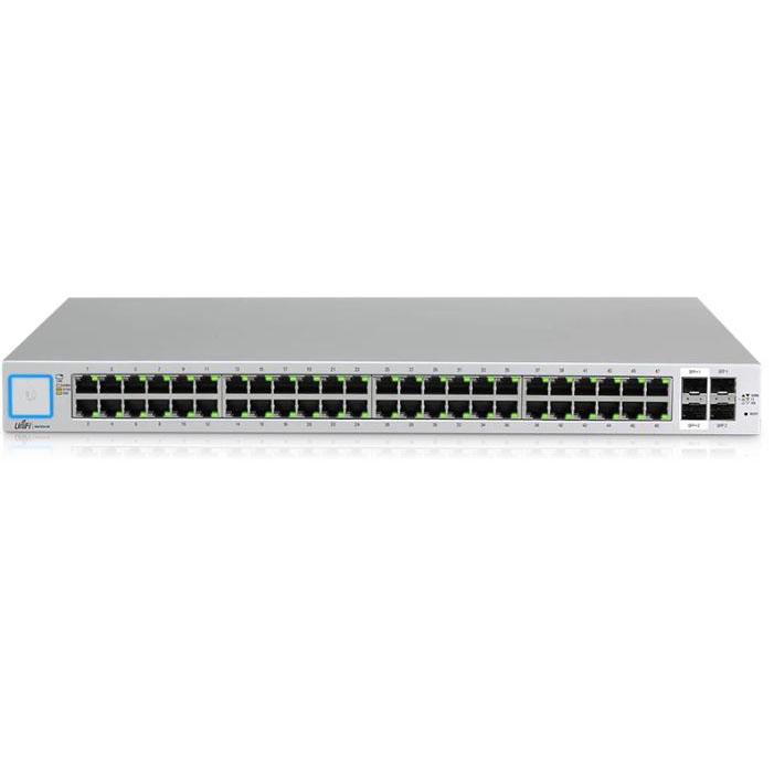 Ubiquiti UniFi Managed 48 port Gigabit Switch with SFP+, featuring multiple ports for extensive network connectivity.