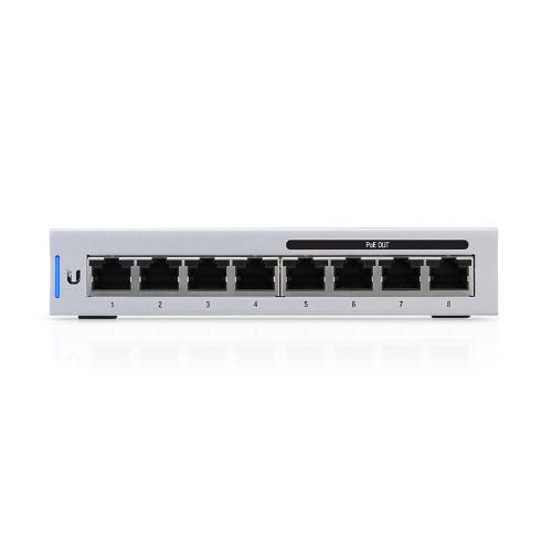 UBIQUITI UniFi Switch 8-port 60W with 4 PoE ports, showcasing its sleek design and multiple Ethernet ports.
