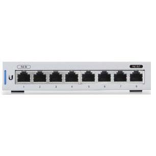 Ubiquiti UniFi Switch, an 8-port Gigabit managed switch with PoE passthrough, showcasing its compact design and multiple Ethernet ports.