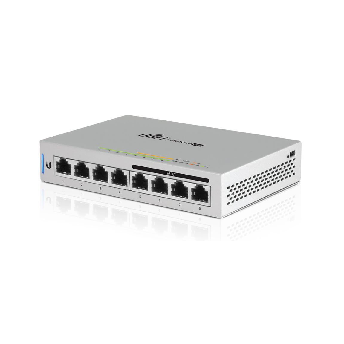 Ubiquiti UniFi Switch US-8-60W featuring 8 gigabit ports and 4 PoE ports, designed for efficient network management.