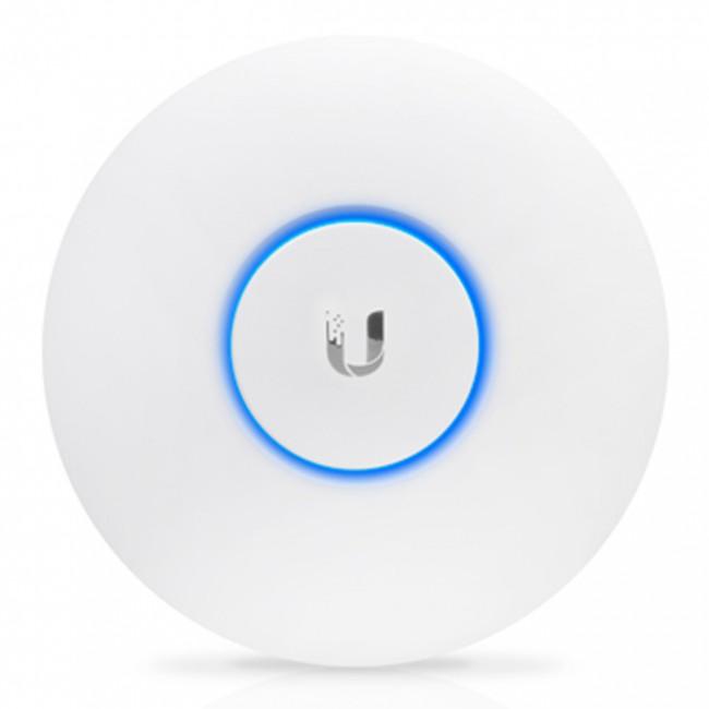 Ubiquiti Unifi UAP-AC-Lite dual band ceiling mounted access point with sleek design and POE injector.