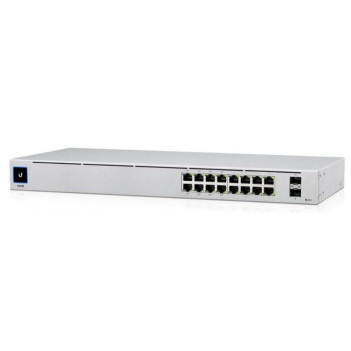 Ubiquiti UniFi USW-16-POE 16 Port Gigabit Switch with 8 PoE ports and 2 SFP ports, featuring a compact design and touchscreen display.