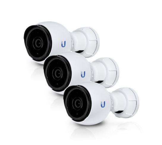 UBIQUITI UniFi Video Camera UVC-G4-BULLET 3 Pack showcasing three bullet cameras designed for indoor and outdoor surveillance with infrared capabilities.