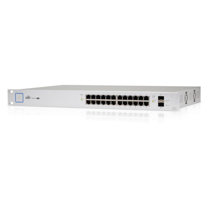 Ubiquiti UniFiSwitch 24-Port Gigabit Switch with PoE and SFP, showcasing its ports and design.