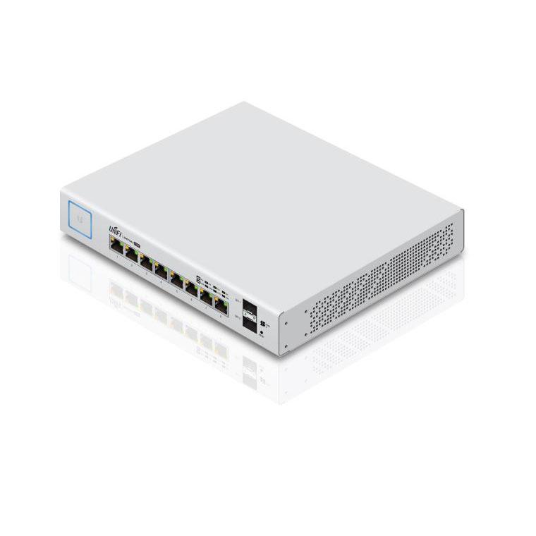 Ubiquiti UniFiSwitch 8 Port Gigabit Managed PoE Switch with SFP, featuring a sleek design and multiple ports for network connectivity.