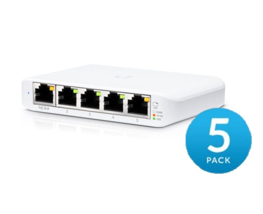 UBIQUITI USW Flex Mini 5-Port Managed Gigabit Switch with Ethernet ports and compact design.
