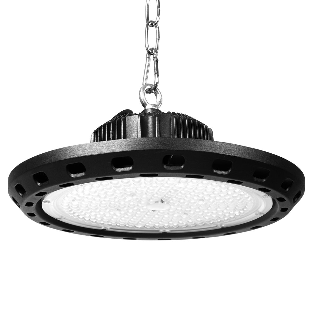 UFO High Bay LED Light 200W with a sleek UFO design, showcasing its aluminum housing and hanging chain for installation.