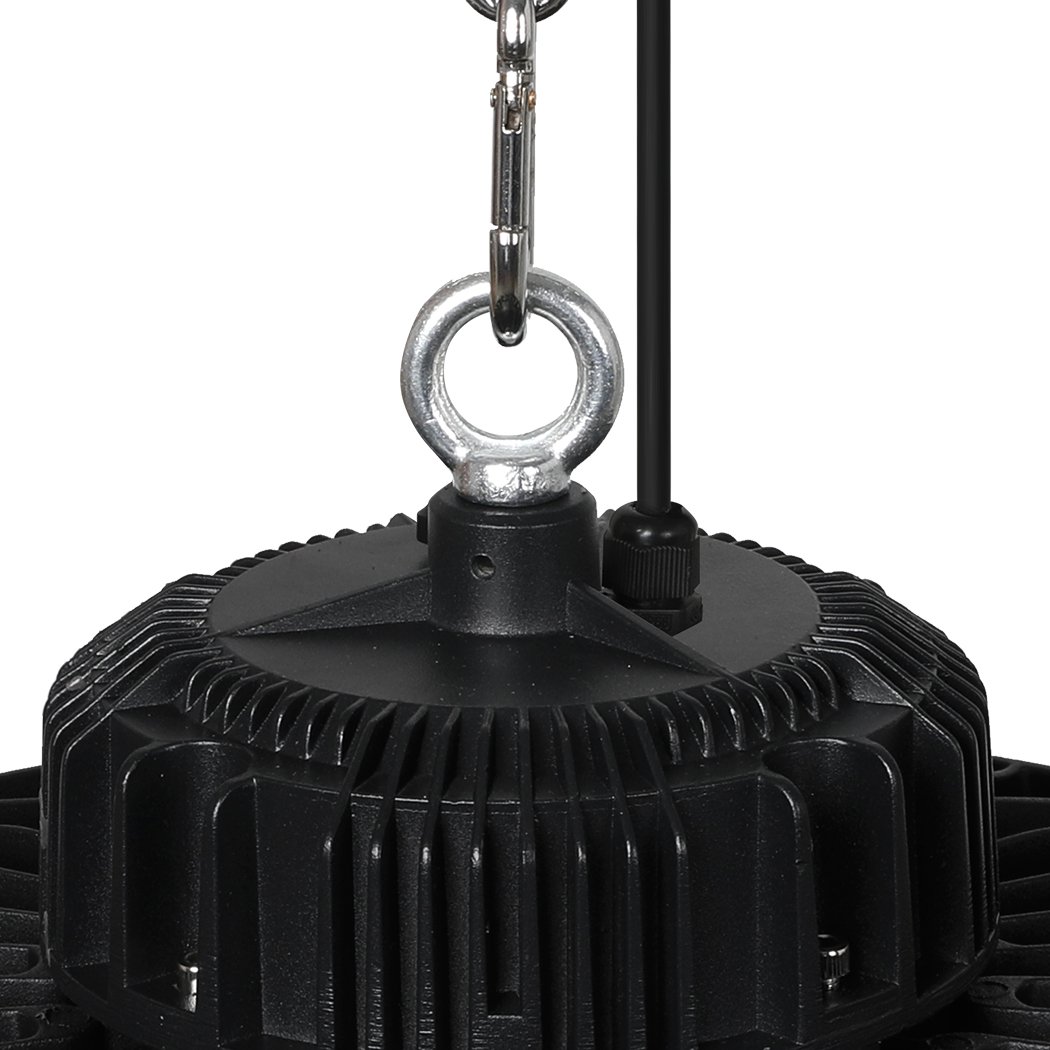 UFO High Bay LED Light 200W with a sleek UFO design, showcasing its aluminum housing and hanging chain for installation.