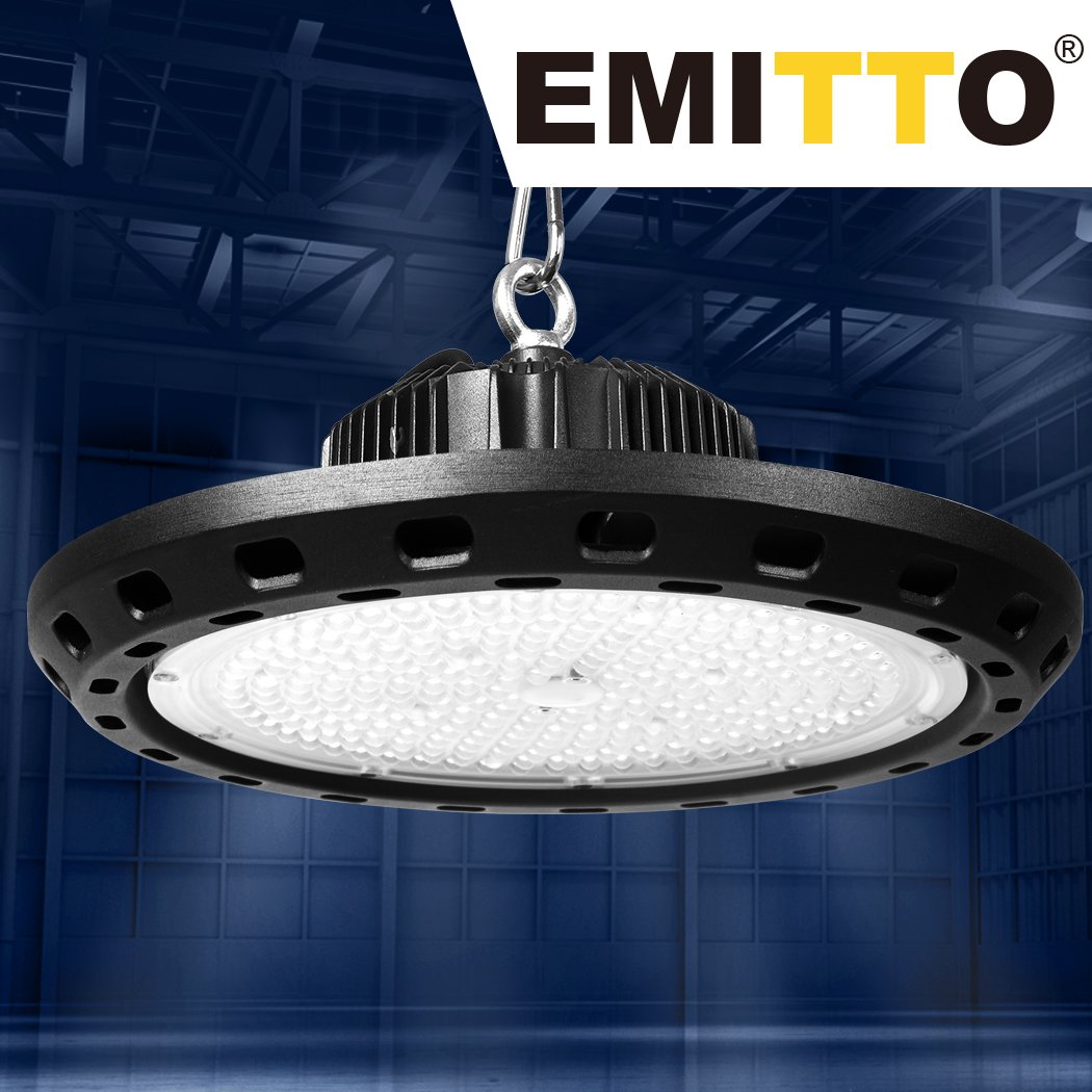 UFO High Bay LED Light 200W with a sleek UFO design, showcasing its aluminum housing and hanging chain for installation.