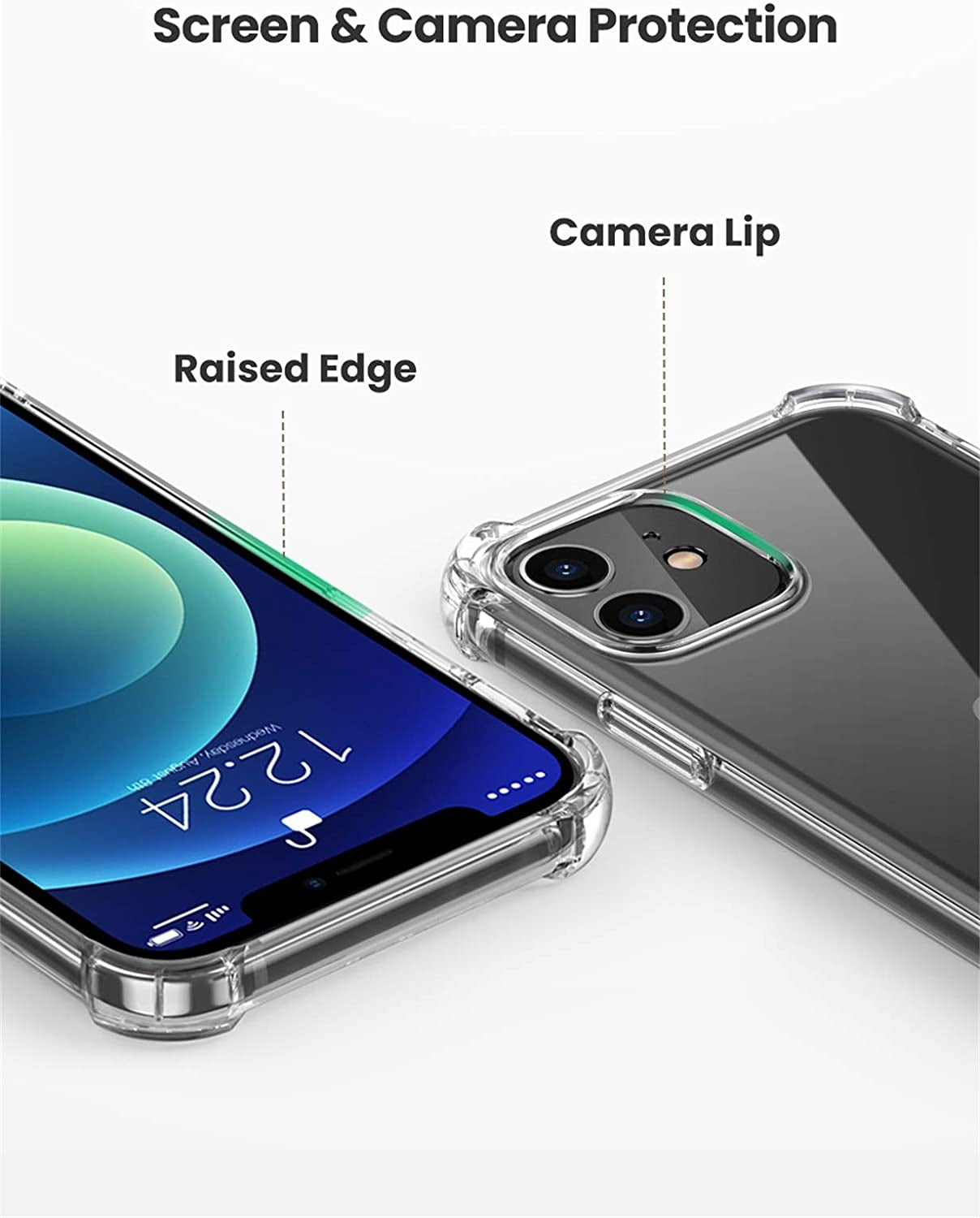 Clear UGREEN 20441 Protective Case for iPhone 12, showcasing its slim design and shock absorption features.