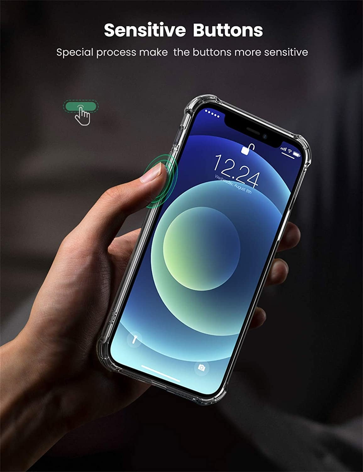 Clear UGREEN 20441 Protective Case for iPhone 12, showcasing its slim design and shock absorption features.