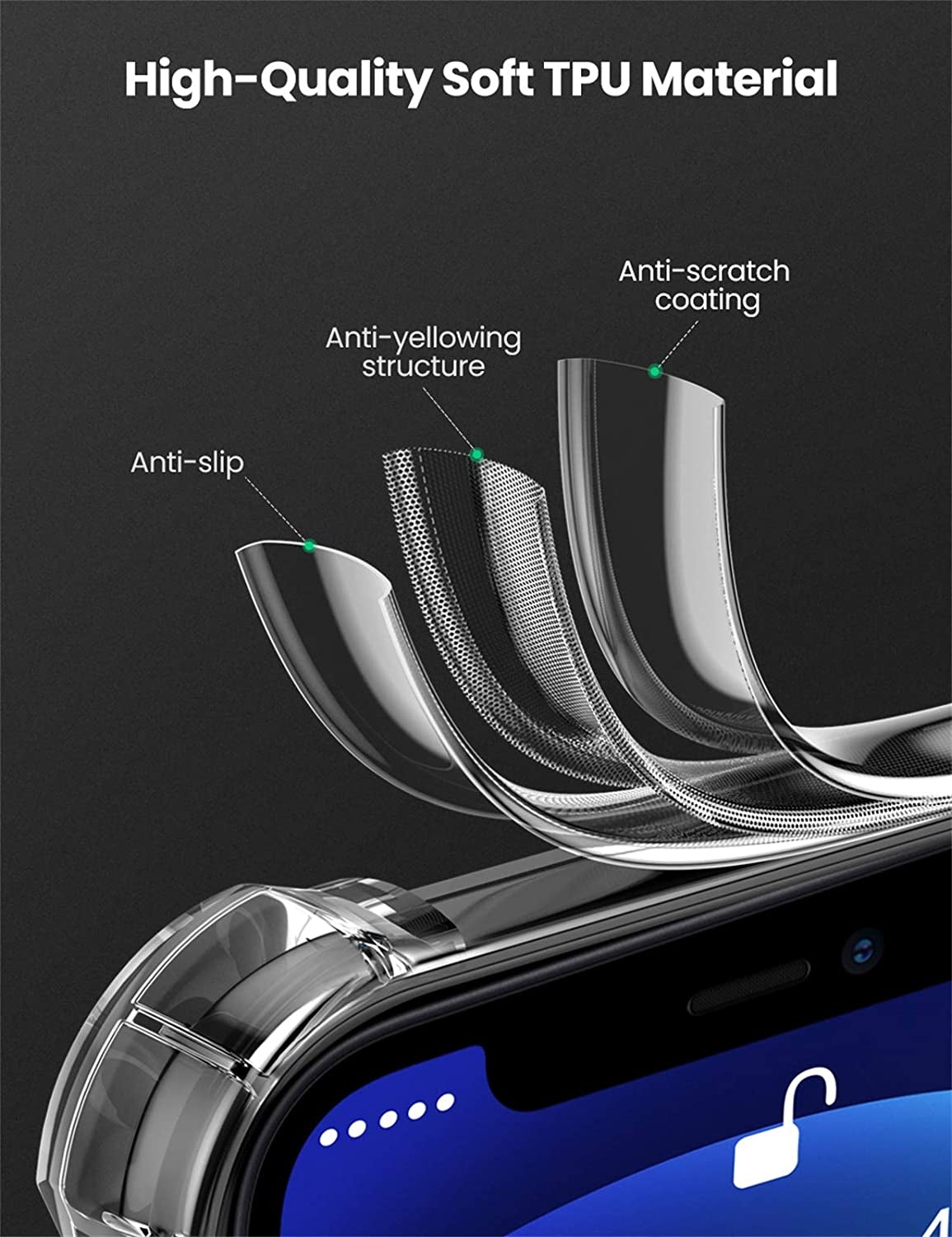 Clear UGREEN 20441 Protective Case for iPhone 12, showcasing its slim design and shock absorption features.