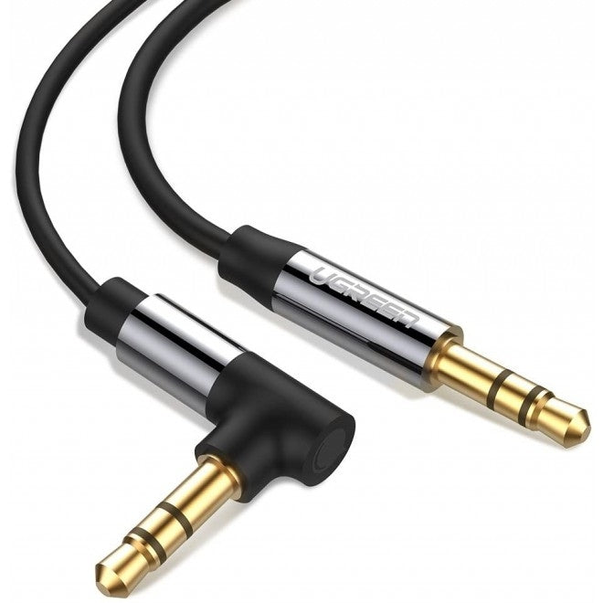 UGREEN 30549 3.5mm Male to Male audio cable with straight and angled connectors, 2 meters long, ideal for tight spaces.