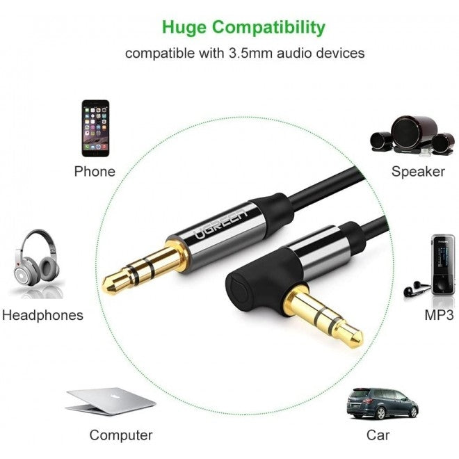UGREEN 30549 3.5mm Male to Male audio cable with straight and angled connectors, 2 meters long, ideal for tight spaces.