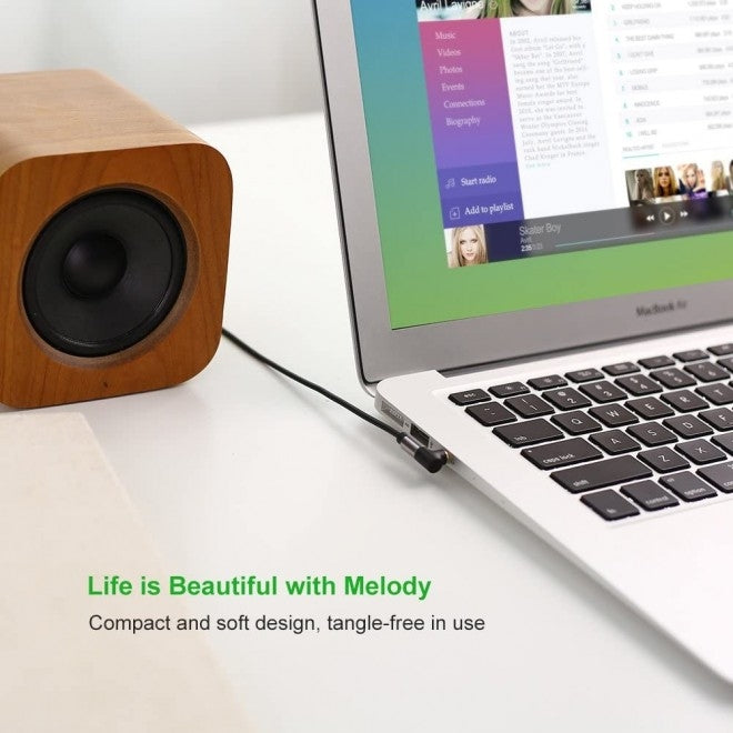 UGREEN 30549 3.5mm Male to Male audio cable with straight and angled connectors, 2 meters long, ideal for tight spaces.