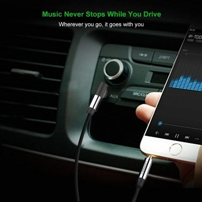 UGREEN 30549 3.5mm Male to Male audio cable with straight and angled connectors, 2 meters long, ideal for tight spaces.