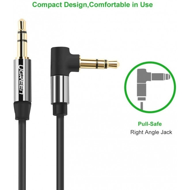 UGREEN 30549 3.5mm Male to Male audio cable with straight and angled connectors, 2 meters long, ideal for tight spaces.