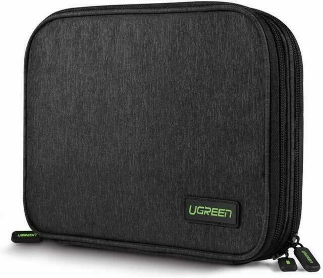 UGREEN 50147 Double Layer Electronic Accessories Organiser Travel Bag in grey, showcasing multiple compartments and elastic loops for organization.